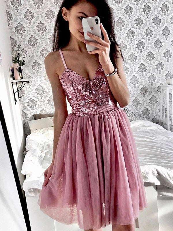 A-Line/Princess Tulle Sequin Marianna Homecoming Dresses Spaghetti Straps Sleeveless Short/Mini