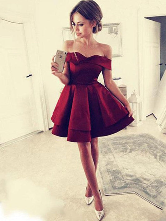 Satin Delilah Homecoming Dresses A-Line/Princess Ruffles Off-The-Shoulder Sleeveless Short/Mini Dresses