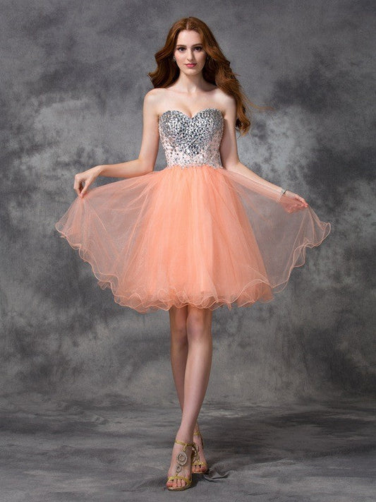 A-Line/Princess Cocktail Homecoming Dresses Amiah Spaghetti Straps Beading Sleeveless Short Net Dresses