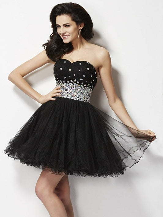 A-Line/Princess Sweetheart Sleeveless Beading Sequin Short Elastic Woven Homecoming Dresses Marcie Satin