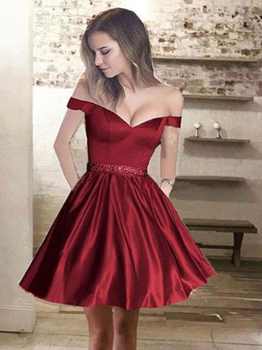 A-Line/Princess Off-The-Shoulder Mercedes Homecoming Dresses Satin Beading Sleeveless Short/Mini Dresses