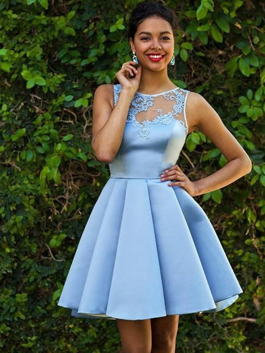 A-Line/Princess Satin Shyann Homecoming Dresses Sleeveless Bateau Applique Short/Mini Dresses