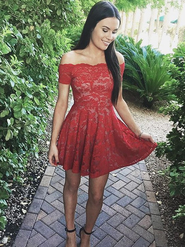 A-Line/Princess Off-The-Shoulder Short Homecoming Dresses Lace Vivian Sleeves Short/Mini Dresses