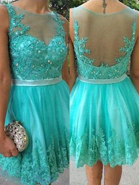 A-Line/Princess Applique Scoop Diana Homecoming Dresses Tulle Sleeveless Short/Mini Dresses