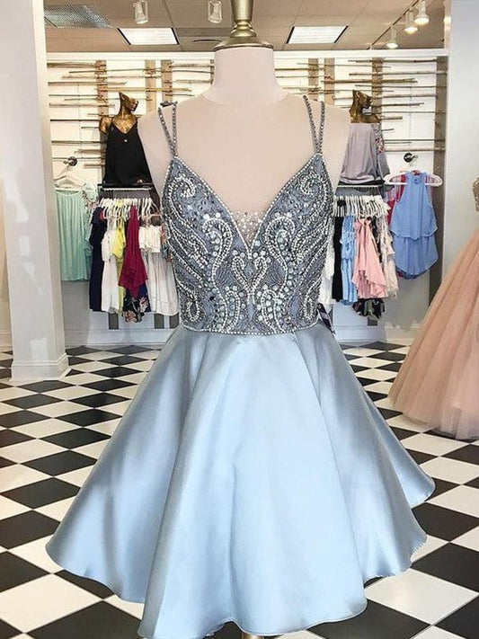 A-Line/Princess Sleeveless Satin Homecoming Dresses Muriel Spaghetti Straps Beading Short/Mini Dresses