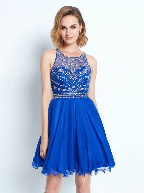 A-Line/Princess Sleeveless Scoop Beading Short/Mini Brooklyn Homecoming Dresses Chiffon Dresses