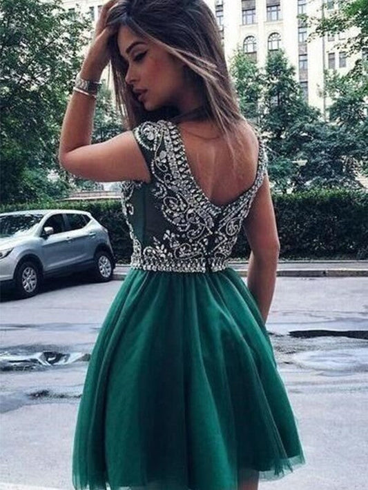 A-Line/Princess Sleeveless Aliya Homecoming Dresses Scoop Tulle Beading Short/Mini Dresses