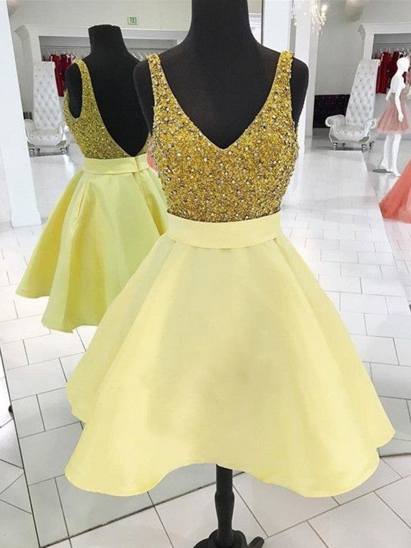 A-Line V-Neck Cut Satin Homecoming Dresses Cameron Short With Beading Yellow