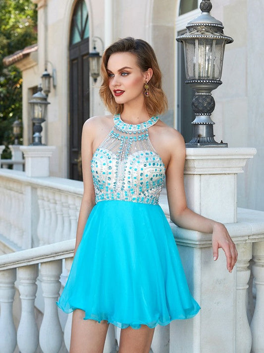 A-Line/Princess Halter Beading Homecoming Dresses Alani Chiffon Sleeveless Short/Mini Dresses