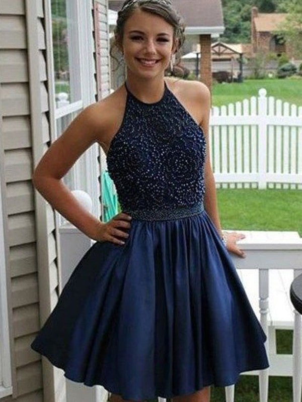 Homecoming Dresses Hilda Satin A-Line/Princess Beading Halter Sleeveless Short/Mini Dresses