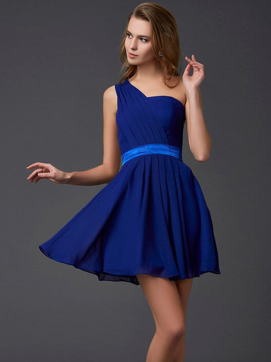 A-Line/Princess One-Shoulder Sleeveless Pleats Hallie Chiffon Homecoming Dresses Short