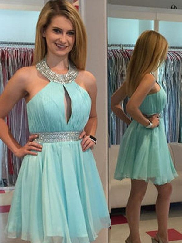 A-Line/Princess Sleeveless Halter Beading Short/Mini Dresses Marisol Chiffon Homecoming Dresses