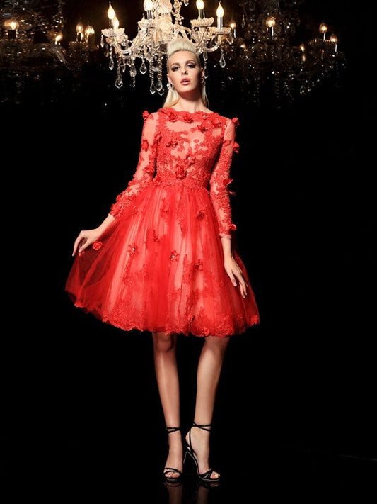 A-Line/Princess Sheer Neck Applique 3/4 Sleeves Short Net Dresses Homecoming Dresses Abby Cocktail