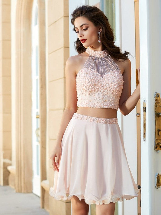 A-Line/Princess Halter Beading Sleeveless Short/Mini Two Piece Homecoming Dresses Chiffon Savannah Dresses