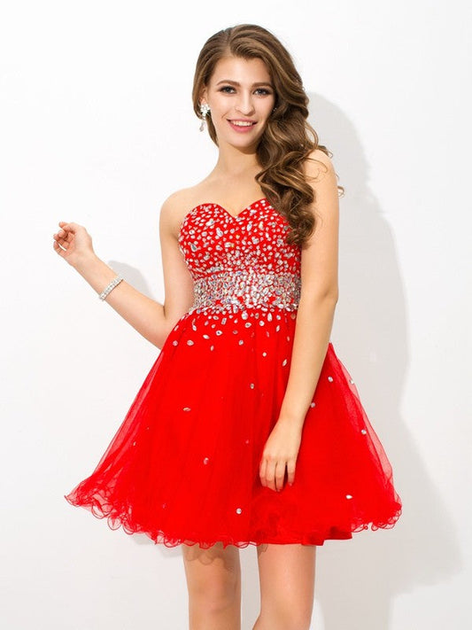 A-Line/Princess Sweetheart Beading Sleeveless Short Organza Dresses Cocktail Pru Homecoming Dresses