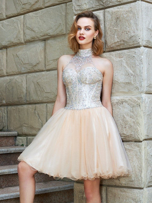 A-Line/Princess Halter Sleeveless Beading Net Short/Mini Homecoming Dresses Johanna Dresses