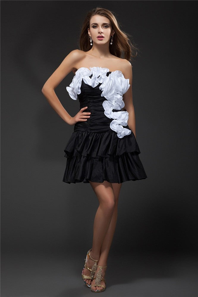 A-Line/Princess Strapless Ruffles Hand-Made Flower Sleeveless Short Taffeta Veronica Homecoming Dresses Cocktail Dresses