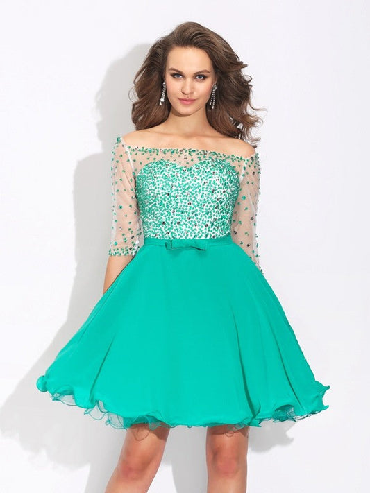 A-Line/Princess Off-The-Shoulder Chiffon Carissa Homecoming Dresses Beading 1/2 Sleeves Short Dresses