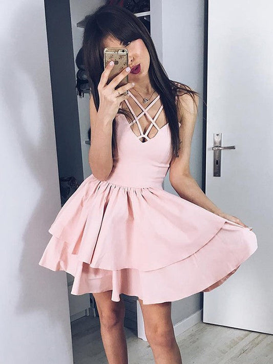 Homecoming Dresses Satin Marlie A-Line/Princess Spaghetti Straps Sleeveless Ruffles Short/Mini Dresses