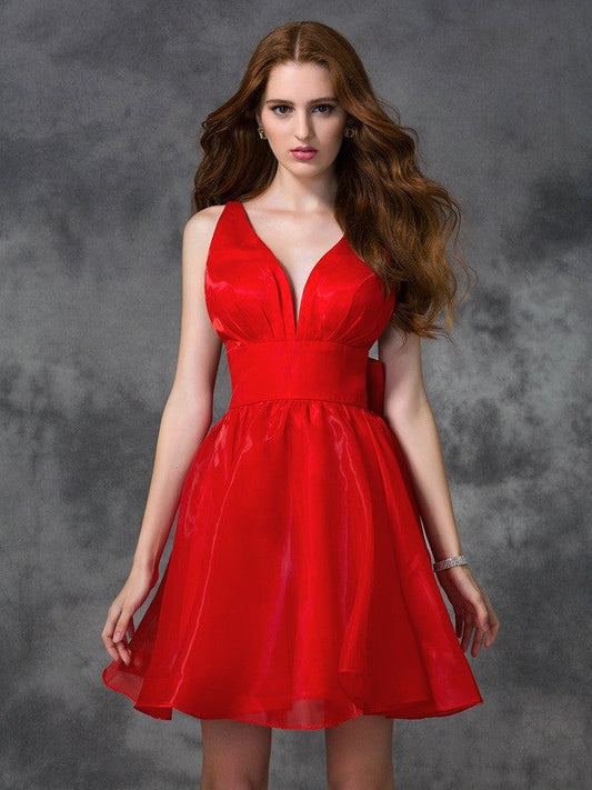 A-Line/Princess V-Neck Sash/Ribbon/Belt Sleeveless Homecoming Dresses Nyasia Cocktail Short Organza Dresses