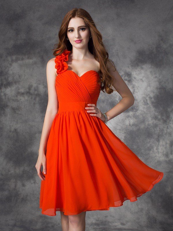 A-Line/Princess One-Shoulder Hand-Made Flower Sleeveless Short Georgia Homecoming Dresses Chiffon Dresses