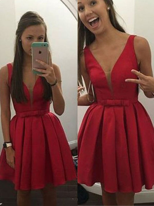 Satin Homecoming Dresses Ashtyn A-Line/Princess Sleeveless V-Neck Bowknot Short/Mini Dresses