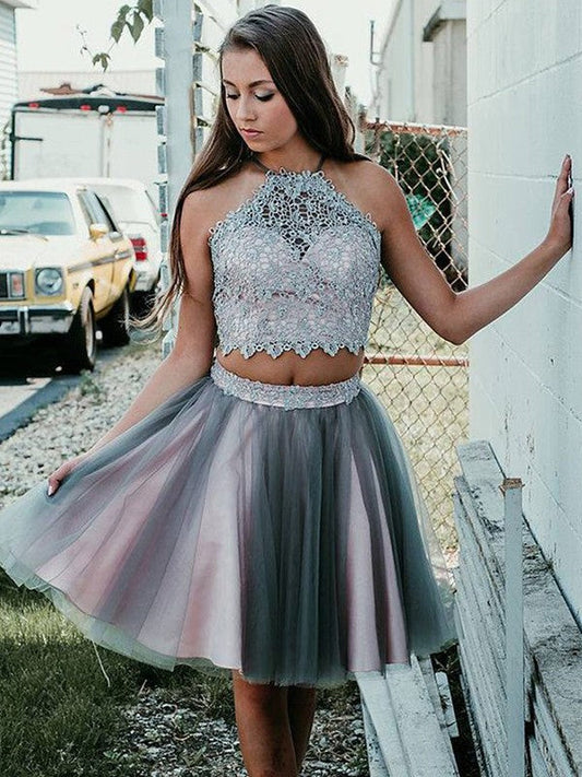 A-Line/Princess Applique Halter Tulle Sleeveless Kiersten Homecoming Dresses Short/Mini Two Piece Dresses