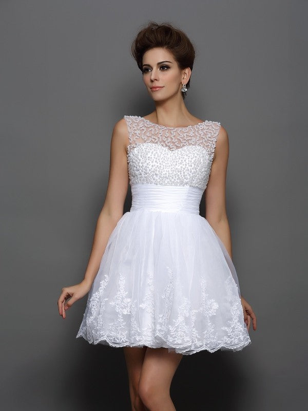 Satin Cocktail Addison Homecoming Dresses A-Line/Princess Bateau Pearls Sleeveless Short Elastic Woven Dresses