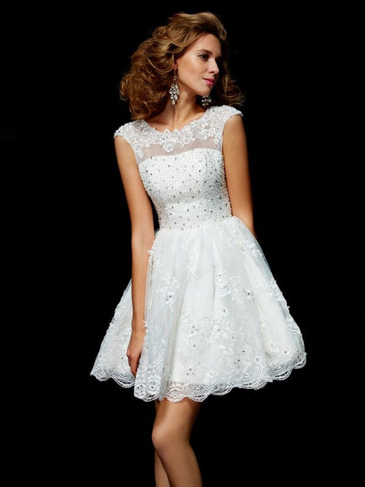 A-Line/Princess V-Neck Short Sleeves Applique Homecoming Dresses Rayna Short Organza