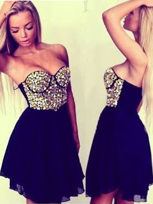 A-Line/Princess Sleeveless Sweetheart Beading Short/Mini Dresses Homecoming Dresses Chiffon Vanessa