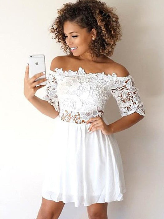 A-Line/Princess Applique Off-The-Shoulder 1/2 Sleeves Short/Mini Dresses Chiffon Homecoming Dresses Desirae