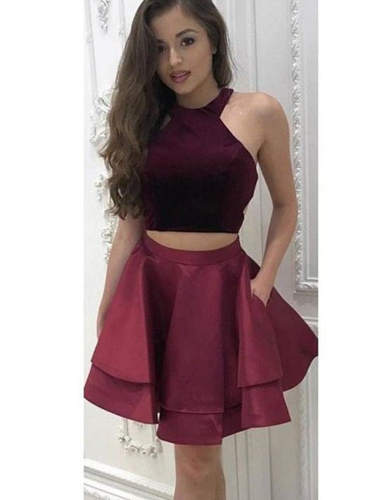 A-Line/Princess Sleeveless Halter Ruffles Two Piece Satin Homecoming Dresses Sandra Short/Mini Dresses