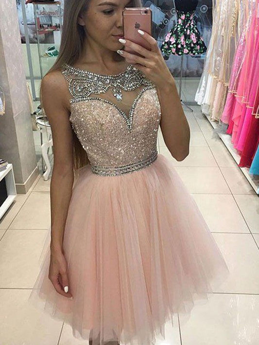 A-Line/Princess Sleeveless Scoop Homecoming Dresses Amira Beading Short/Mini Tulle Dresses