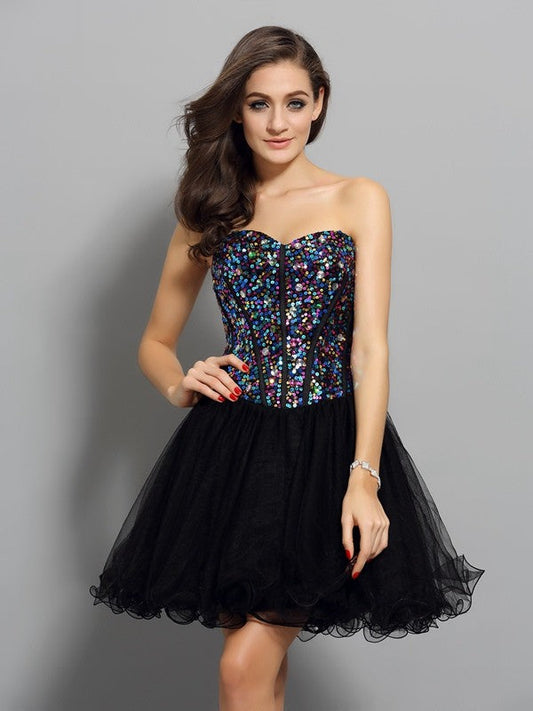 A-Line/Princess Sweetheart Ruffles Homecoming Dresses Larissa Cocktail Sleeveless Short Net Dresses