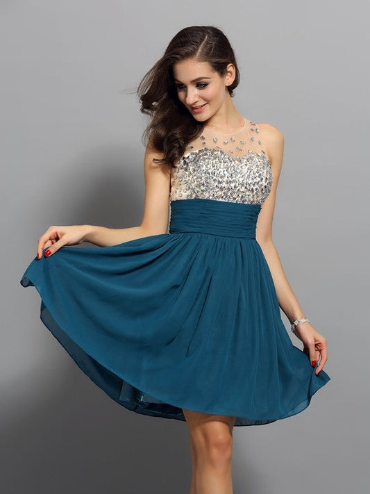 A-Line/Princess Bateau Rhinestone Sleeveless Short Leilani Chiffon Homecoming Dresses Cocktail Dresses