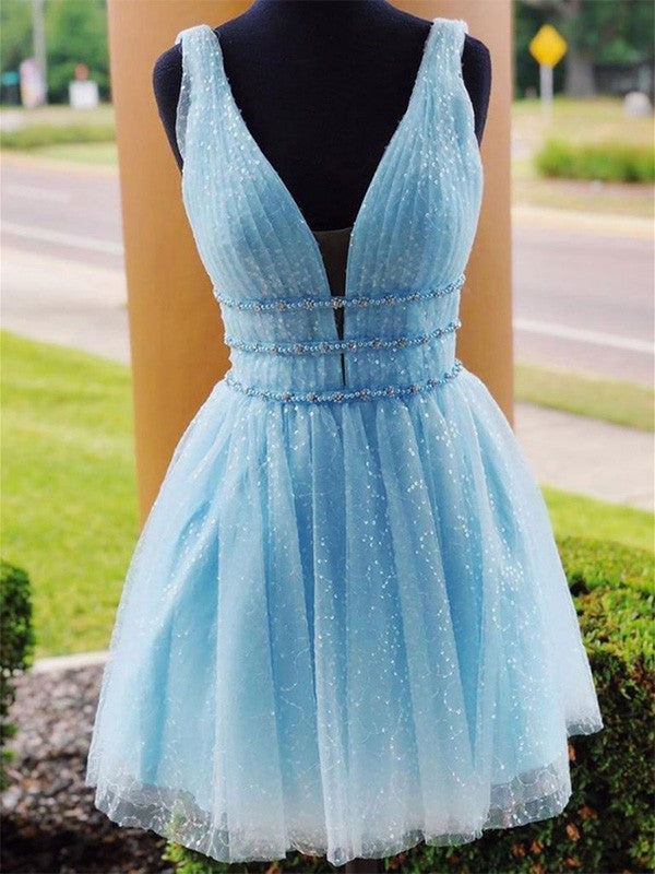 A-Line/Princess Tulle Gillian Homecoming Dresses Beading V-Neck Sleeveless Short/Mini