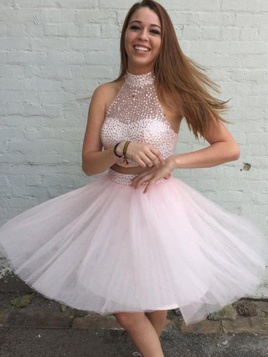 Homecoming Dresses Beryl A-Line/Princess Tulle High Neck Sleeveless Beading Short/Mini Two Piece Dresses