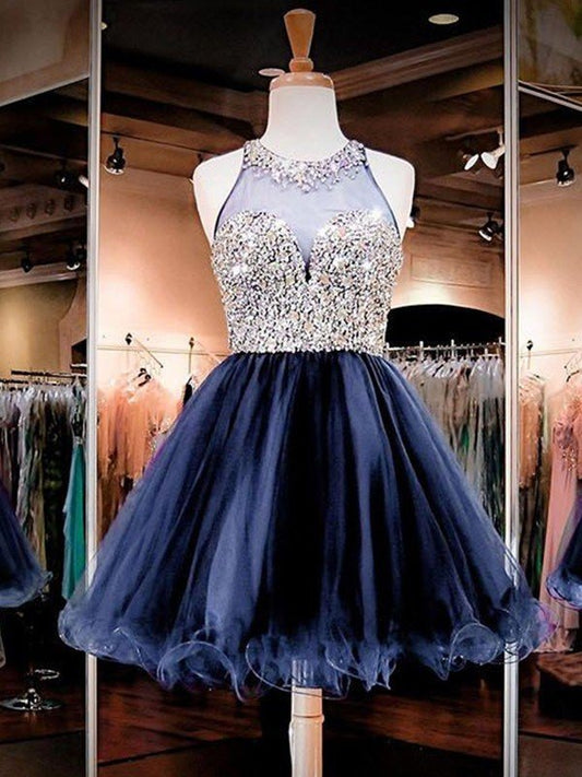 A-Line/Princess Sleeveless Bateau Tulle Beading Short/Mini Dresses Aracely Homecoming Dresses