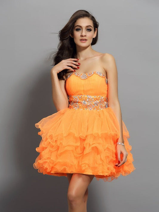 A-Line/Princess Sweetheart Ruffles Sleeveless Homecoming Dresses Savanna Satin Cocktail Short Dresses