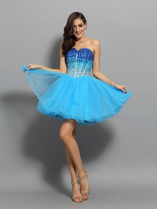 A-Line/Princess Sweetheart Ruffles Homecoming Dresses Satin Esther Cocktail Sleeveless Short Dresses