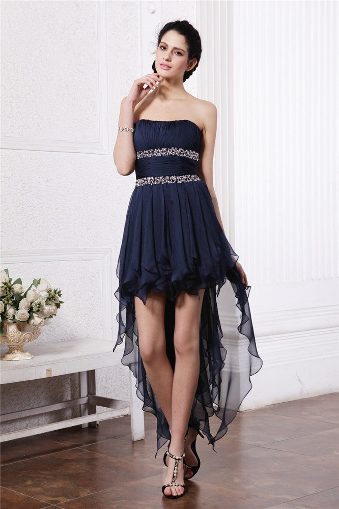 Sheath/Column Chiffon Cocktail Homecoming Dresses Brianna Strapless Sleeveless Beading High Low Dresses