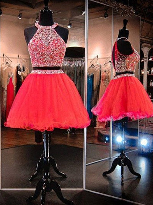 A-Line/Princess Sleeveless Halter Tulle Beading Homecoming Dresses Eliza Short/Mini Two Piece Dresses