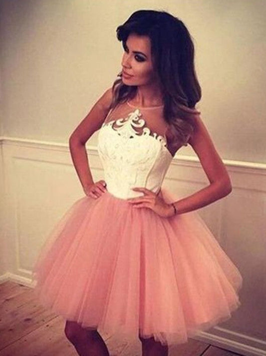 A-Line/Princess Sleeveless Bateau Tulle Applique Short/Mini Alma Homecoming Dresses Dresses