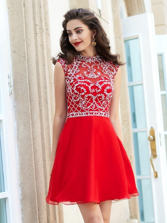 A-Line/Princess High Neck Homecoming Dresses Chiffon Marisa Sleeveless Beading Short/Mini Dresses