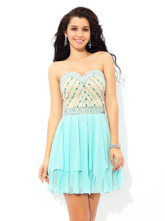 A-Line/Princess Sweetheart Beading Short Homecoming Dresses Cocktail Maren Chiffon Sleeveless Dresses