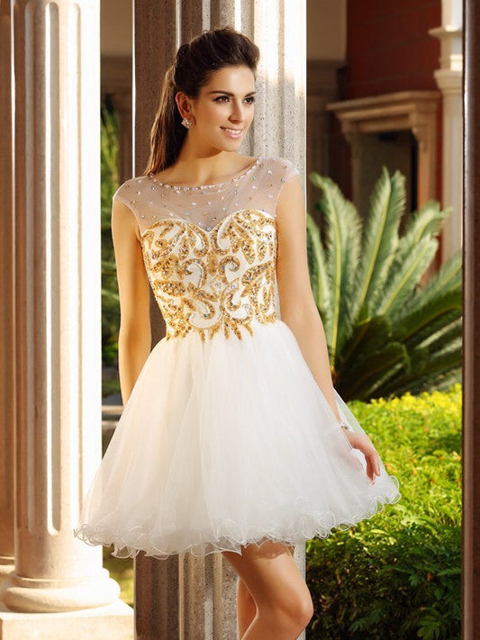 A-Line/Princess Scoop Homecoming Dresses Lorena Cocktail Ruffles Sleeveless Short Net Dresses