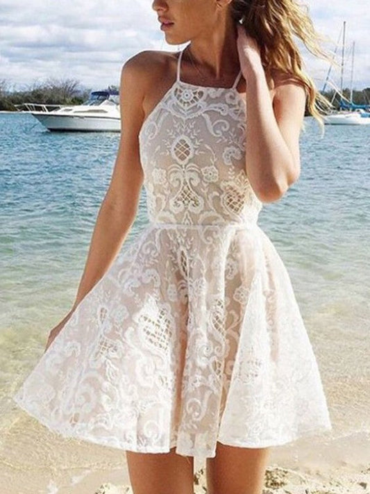 A-Line/Princess Homecoming Dresses Lace Viola Sleeveless Halter Spandax Short/Mini Dresses