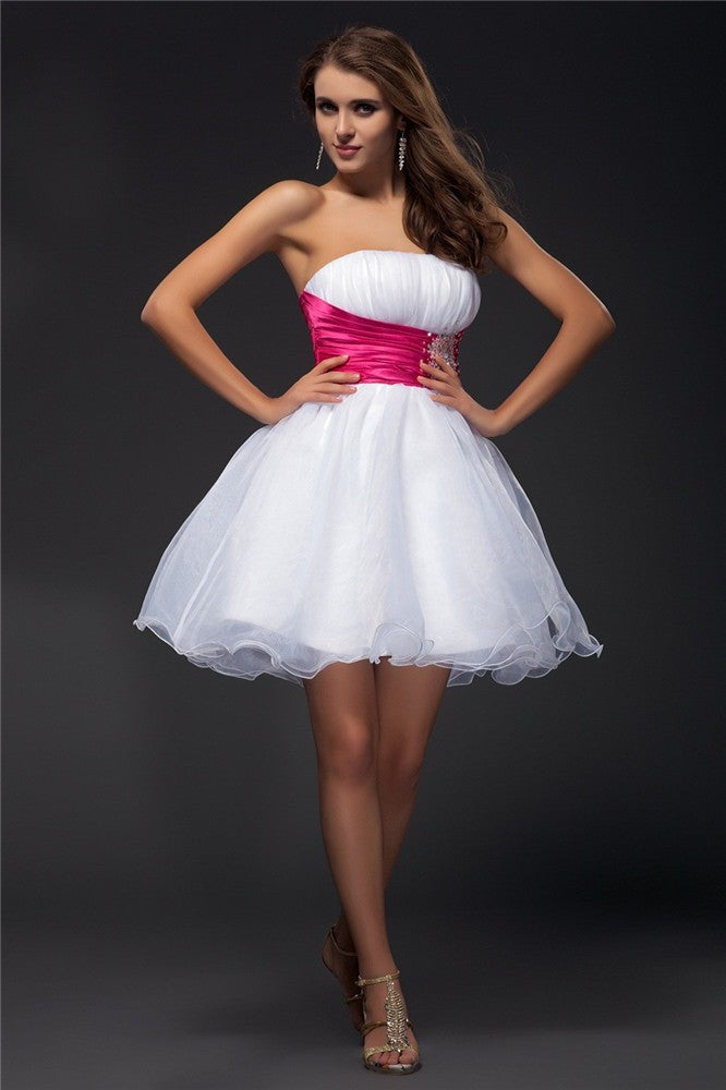 A-Line/Princess Cocktail Satin Homecoming Dresses Janiyah Strapless Sleeveless Beading Sash Short Organza Elastic Woven Dresses