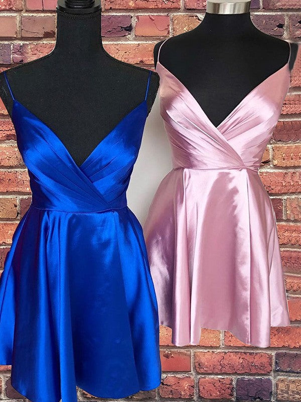 A-Line/Princess Spaghetti Straps Sleeveless Ruffles Sanai Homecoming Dresses Satin Short/Mini