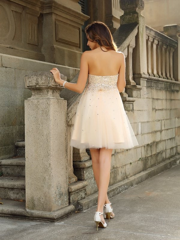 A-Line/Princess Strapless Beading Sleeveless Short Homecoming Dresses Cocktail Zaria Satin Dresses